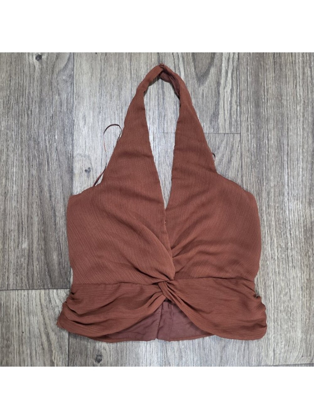 Anthropologie Sunday In Brooklyn Halter V-Neck Twist Front Crop Top S Rust Brown